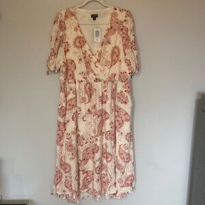 Torrid MIDI Swiss Linen Surplice Dress Paisley SZ 1 Beige Blush Pink Blue NWT
